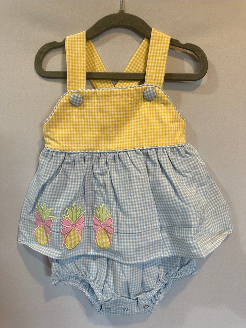Yellow & Light Blue Gingham Pineapple Romper with matching bow